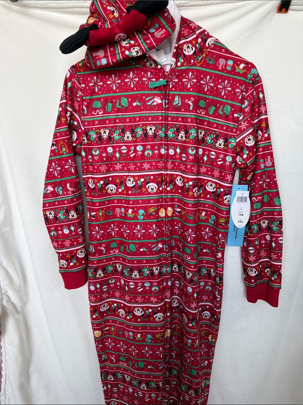 Disney Red and Green Holiday Mickey Hooded Onesie Pajamas